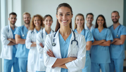 Group medical workers team in white coats with stethoscopes. Smiling doctors, nurses, healthcare professionals in clinic. Healthcare workers looking camera with arms crossed. Teamwork, support