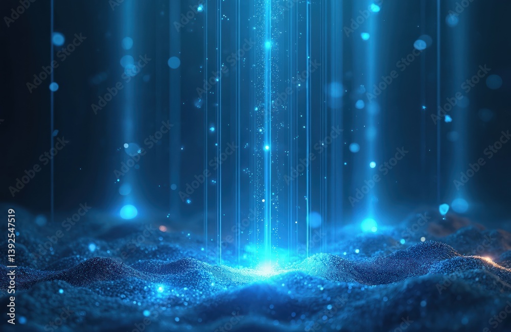 Poster Abstract digital landscape, featuring glowing blue particles, vertical lines, creating futuristic atmosphere. Ethereal design, light, energy, cosmos, space, sci-fi, digital art, innovation, tech