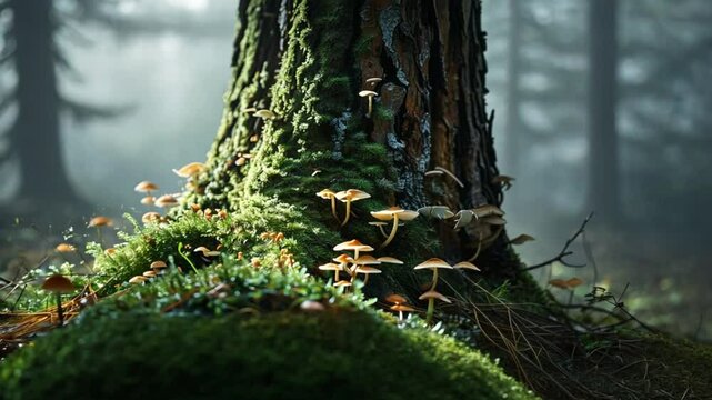 Small Mushrooms Growing at the Base of a Mossy Tree in a Misty Forest
