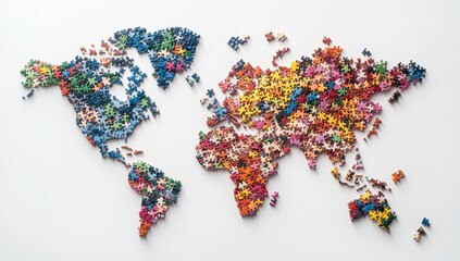 3D World Map made of colorful puzzle pieces, on a white background
