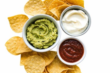 A photo of a bowl of chunky green guacamole and round, yellow tortilla chips