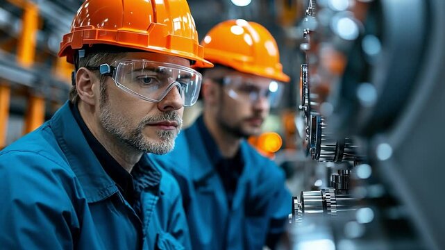 Industry Professionals at Work: Two focused professionals are shown on the factory floor, showcasing teamwork and dedication. Wearing safety gear, they represent the core values of industry.