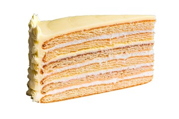 Fototapeta premium A photo of a slice of multi-layered cake with a creamy white filling