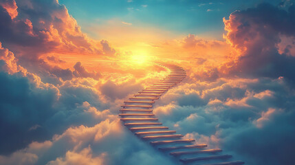 A stairway ascends through fluffy clouds towards a radiant sunset glow in the sky above the horizon line