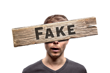 Fake sign in front of a person's head isolated from background