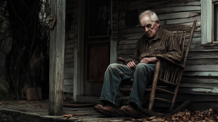 An elderly man sits in a chair on the porch of an old house. Loneliness.