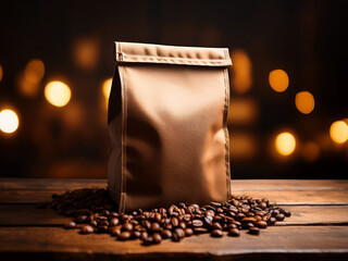 Coffee bag design mockup photo on a wooden table with a dark backdrop product photo rustic lighting bokeh coffee beans on the table