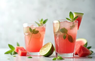 Fototapeta premium Fresh watermelon cocktail in glasses with mint leaves. Refreshing cold summer drinks with watermelon slices and lime. Healthy natural drinks, smoothies, lemonade. Holiday, vacation mood.