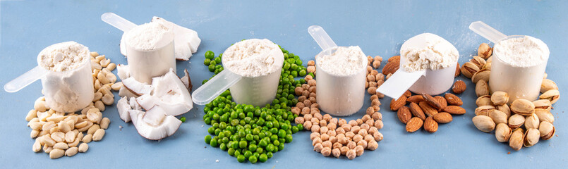 Various source vegan protein powders. Vegetarian plant based protein shakes powder and ingredients for it - green peas, soybeans, almonds, pistachios, peanuts, coconut, legumes.  