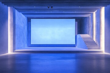 A spacious. modern interior with a large. illuminated screen at the forefront. surrounded by sleek architectural elements and subtle lighting. perfect for exhibitions or presentations