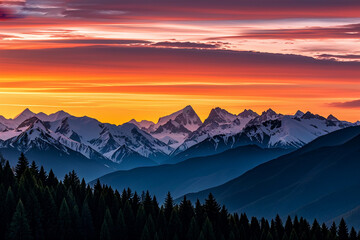 Obraz premium Sunset Behind Majestic Mountains – Scenic Nature View