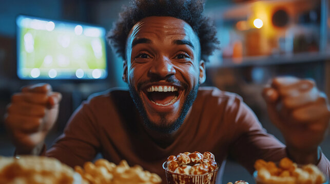 A cheerful guy showing an ecstatic expression while watching a soccer match on television, with snacks and drinks on the table
