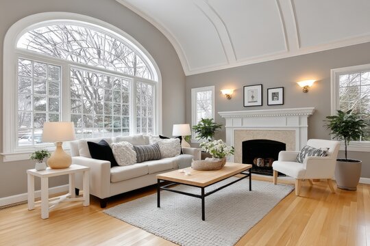 A property listing photo of a staged living room with neutral tones and natural light