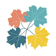 A minimal hand-painted illustration of colorful Grape Leaves. Trendy abstract minimal style, botanical set, natural and fresh. Vector illustration isolated on a white background, eps