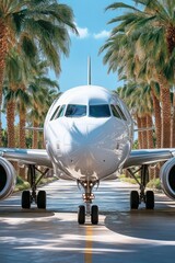 White jetliner on tarmac, palm trees background