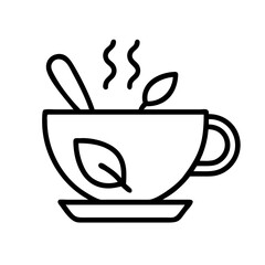 Outline herbal tea cup vector design for tea time, healthy drink, and wellness with leaf and steam illustration