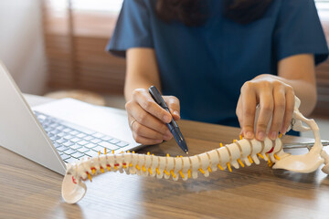 close up special chiropractor woman touch on back on spine anatomy and diagnose about symptom and...