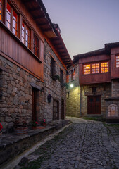 Streets and houses of traditional architecture in the mountain tourist village of Metsovo in the mountains of Epirus in Greece
