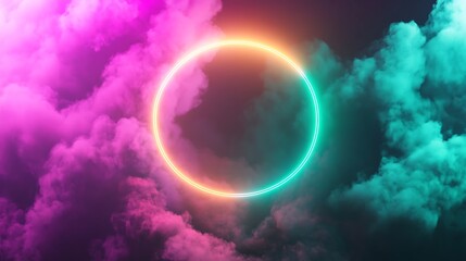 Obraz premium Abstract circular light pattern glowing in vibrant colors against a backdrop of soft, misty clouds in shades of pink and teal evoking a surreal atmosphere