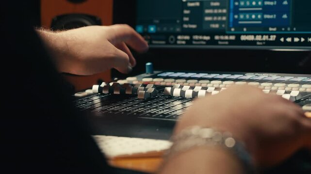 Sound engineer in studio making music, asian popular DJ working in radio broadcasting studio or music producer working in recording studio, rehearsal room, audio production with mixer.