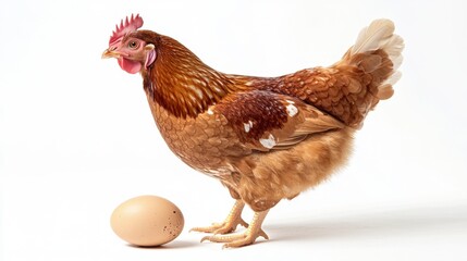 Fototapeta premium A reddish-brown hen stands beside a single, pale brown egg on a white background. The bird is fully feathered and appears alert