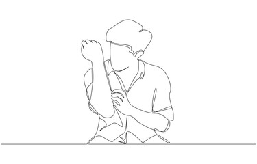 Continuous one line drawing of Man scratching rash on his arm, skin allergies concept, single line art