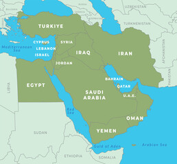 Middle East map showing country borders, names, and surrounding regions including parts of Africa and Asia