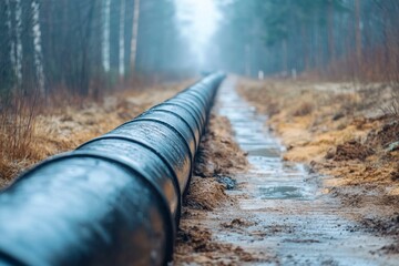 Long Industrial Pipeline Through Misty Forest Landscape in Autumn