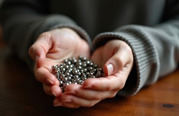 Woman holds rosary beads in cupped hands. Religious devotion, faith concept. Wooden table, grey sweater. Prayer, worship, spirituality, Catholicism, meditation.
