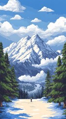 Fototapeta premium Pixel art depicting a lone figure admiring a majestic snow-capped mountain under a vibrant blue sky.