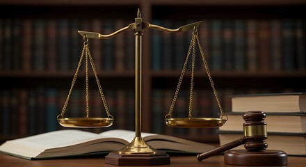 Legal office of attorneys, justice and law idea featuring a balance scale of justice placed on a desk in a courtroom, symbolizing impartial and fair evaluation of all evidence, free from bias.