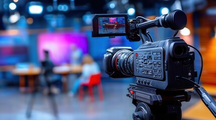 Professional video camera in cinematic composition with news studio blurred background, live television show setting featuring business interview concept. Broadcast equipment, media production, corpor