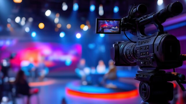 Professional video camera in cinematic composition with news studio blurred background, live television show setting featuring business interview concept. Broadcast equipment, media production, corpor