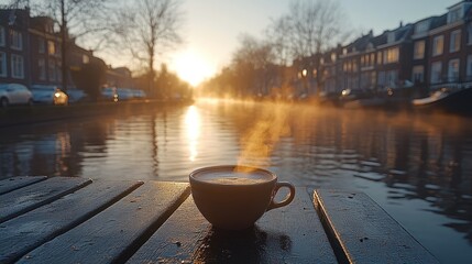 Cozy morning coffee by a canal