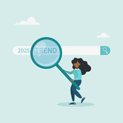 Character using magnifying glass to discover website. Researching 2025 trends, vision of new business or career opportunity. Vector illustration.