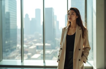 Fototapeta premium Elegant woman in coat standing in hotel lobby. Poses in front of big window overlooking city. Businesswoman wearing classy fashion, expressing sophistication. Stylish portrait in luxury highrise