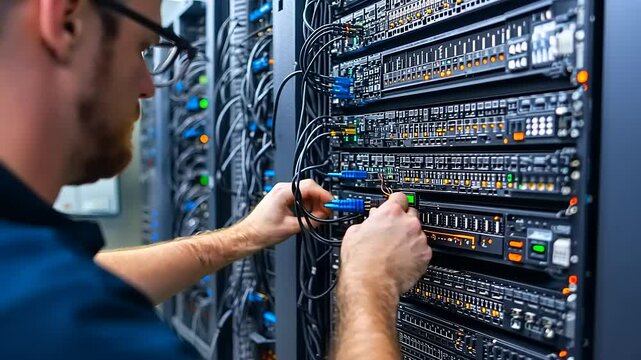 Technician managing server connections in a data center, ensuring optimal performance and organization