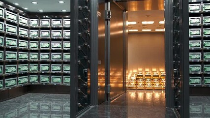 Bank vault placed among armored boxes bright light highlights gold protected bank vault remains in focus