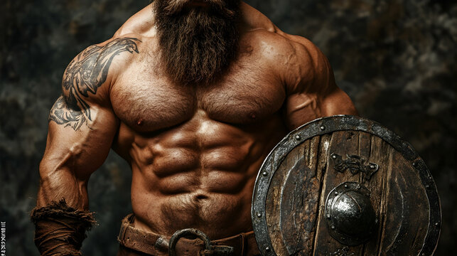 Muscular Viking warrior, shield, dark background, strength