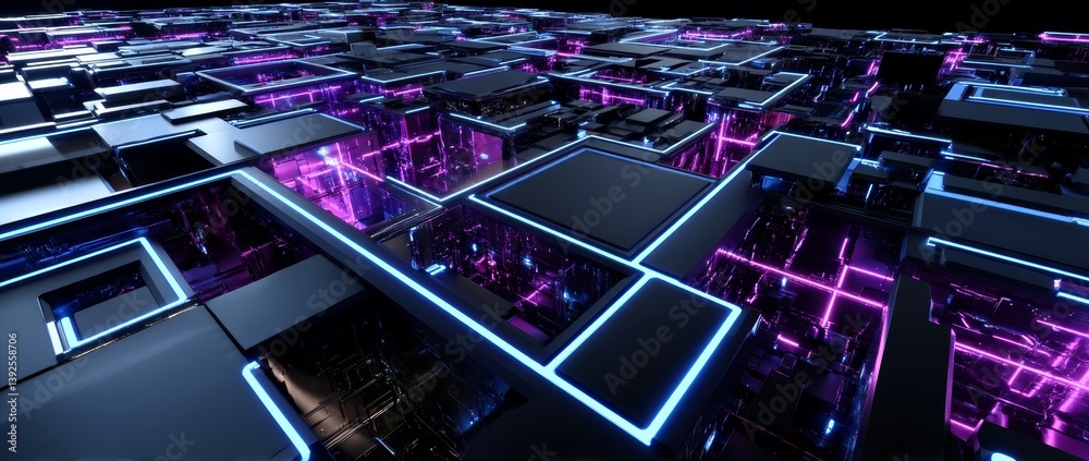 Poster The high tech style is marked by its use of neon patterns in the form of squares and lines