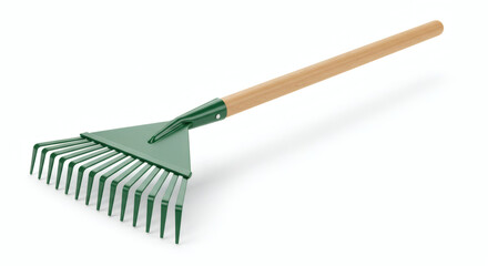 Green Metal Leaf Rake with Wooden Handle Gardening Tool for Leaf Removal and Yard Cleanup