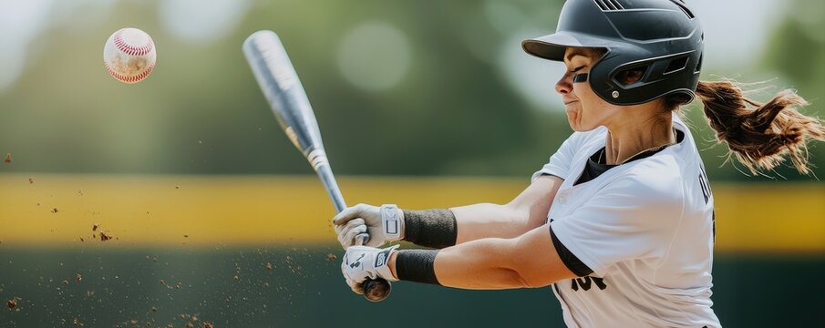 A female softball player swings a bat, striking a ball during a game, showcasing athleticism and focus in a sporting environment.