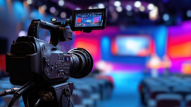 Professional video camera in cinematic composition with news studio blurred background, live television show setting featuring business interview concept. Broadcast equipment, media production, corpor