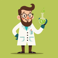 Cartoon scientist character holding flask science lab experiment vector
