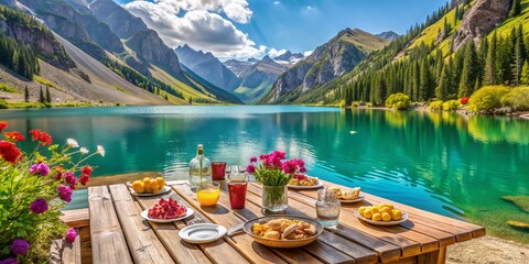 Stunning Kyrgyz Karasuu Lake Turquoise Waters Reflecting Majestic Mountains Ideal for a Mountain Picnic Lunch