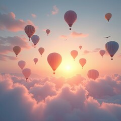 Fototapeta premium Mesmerizing Hot Air Balloons and simple Balloons Soaring Over Breathtaking Snowy Alpine Landscape at Vibrant Sunset