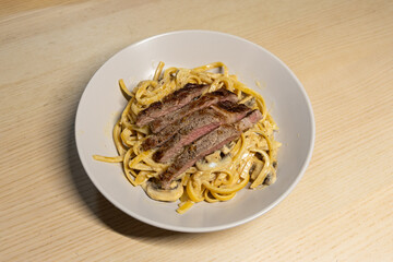 Creamy fettuccine with beef slices.