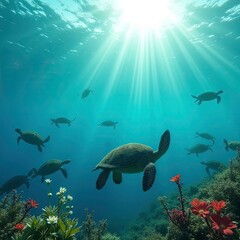 Obraz premium Sea turtle swims in ocean through coral reef with marine wildlife. Tropical underwater ecosystem with blue water, sunlight.