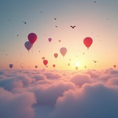 Fototapeta premium Mesmerizing Hot Air Balloons and simple Balloons Soaring Over Breathtaking Snowy Alpine Landscape at Vibrant Sunset