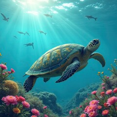 Sea turtle swims in ocean through coral reef with marine wildlife. Tropical underwater ecosystem with blue water, sunlight.